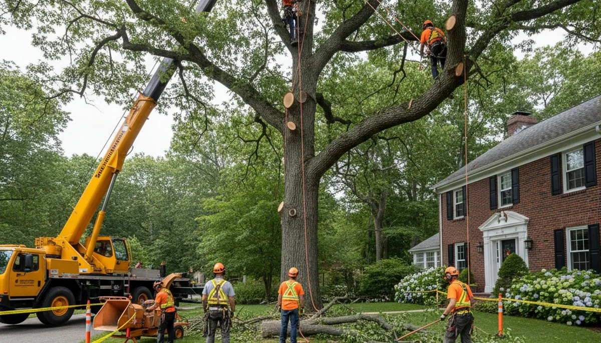 Arborists using bucket truck for large tree removal at Dover home near Brandon, FL