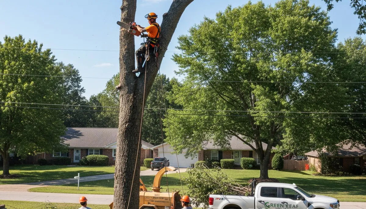 Professional tree removal crew trimming oak branches in residential yard, Brandon FL