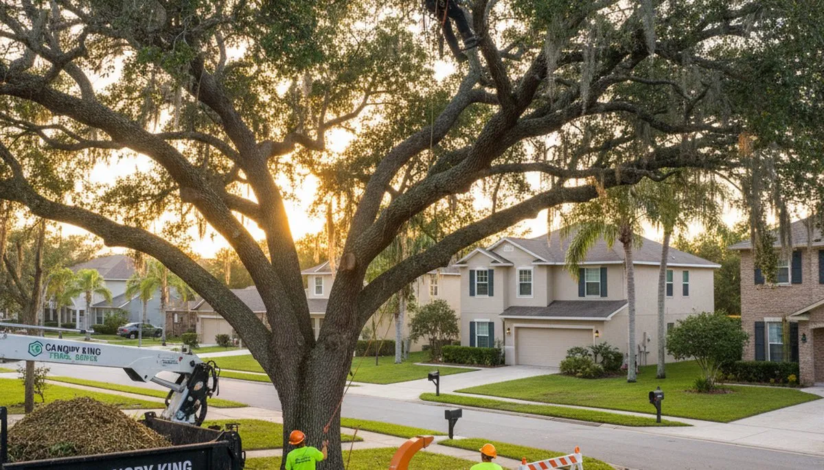 Professional tree removal service crew working in Brandon, FL yard safely cutting large oak tree